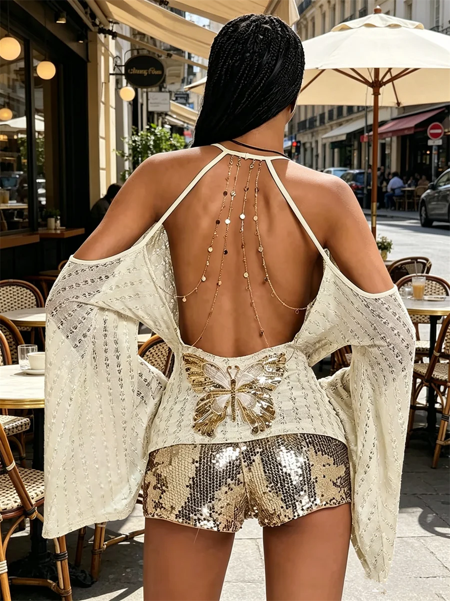 Sisterlinda Backless T-Shirt Women Butterfly Sequin Applique Chain Patchwork Off-Shoulder Swing Collar Bell Sleeve Streetwear
