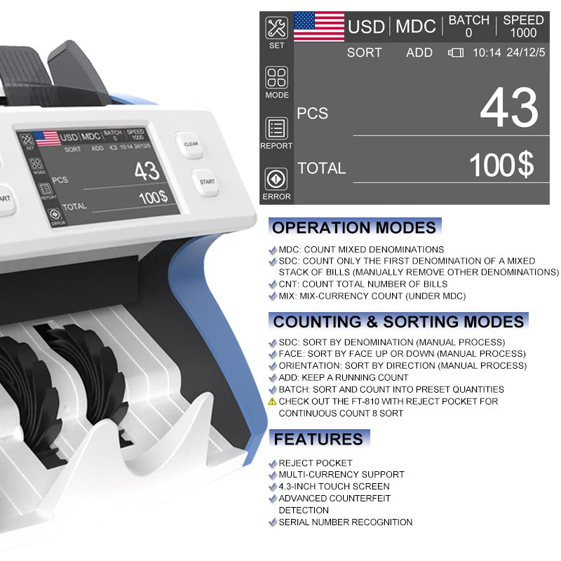 Portable Multi-Denomination, Multi-Currency Bill Counter Multi-Country Banknote Counter Touchscreen Bill Counter Automatic Count