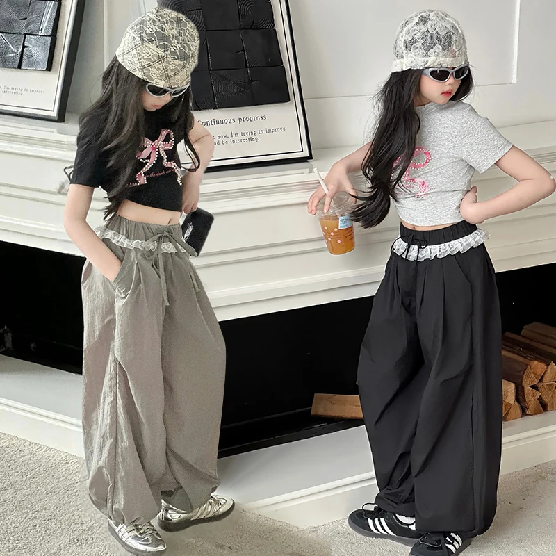 

girls enfants fille Hip hop jazz street dance clothes suit Pearl Bow T-shirt+lace cargo pants 2pcs junior kids set child outfits