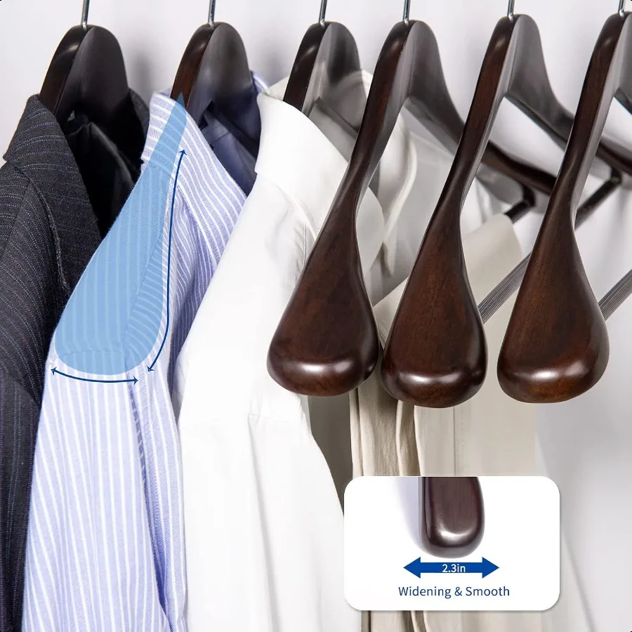 Perchas de madera de caoba de lujo para trajes, paquete de 6 perchas de madera para abrigos, chaqueta, prendas de vestir exteriores, perchas para camisas, acabado brillante con hombro extra ancho