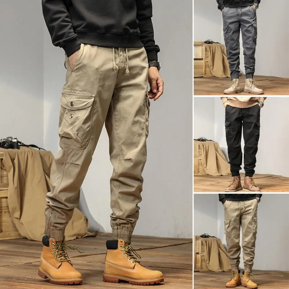 

Men Pants Men's Drawstring Cargo Pants with Elastic Waist Multiple Pockets for Streetwear Wear Loose Fit Ankle-banded Sport