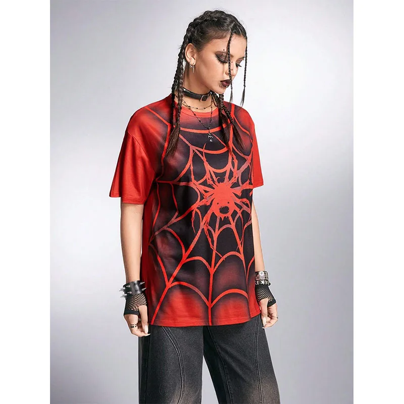 Summer 3D Printed Women\'s Tshirt Grunge Punk Spider Printed Ombre Loose Round Neck Short Sleeve T-Shirt Casual Streetwear TShirt