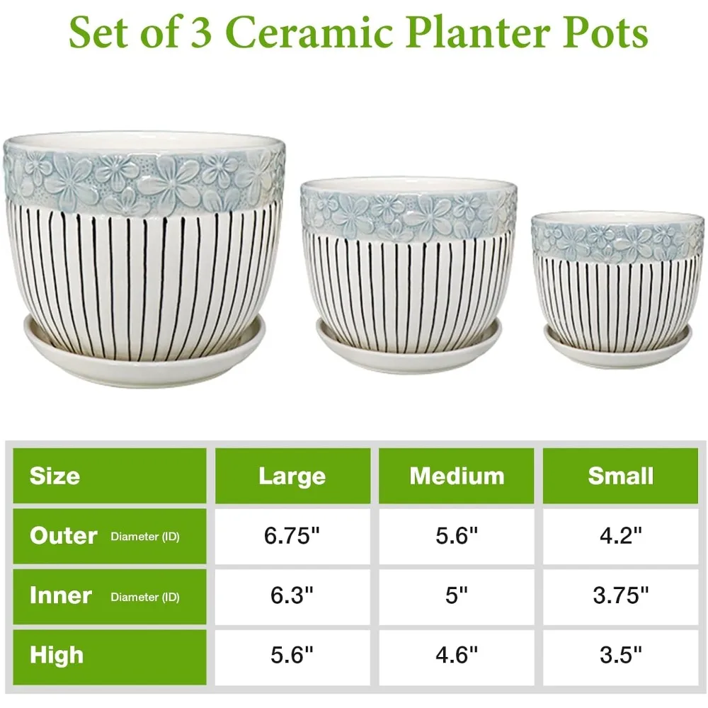 Ceramic Plant Pots Set of 3, 6.75/5.6/4.2 inch with Drainage Holes and Saucer, Modern Decorative Flower Pots for Indoor Outdoor Garden Succulent