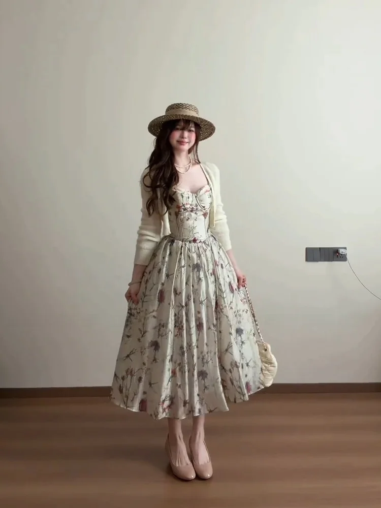 

Uomosi STAZF7 plus Size Knitted Open Cardigan Women's Spring Summer Vintage Fishbone Floral Print Holiday Dress Set