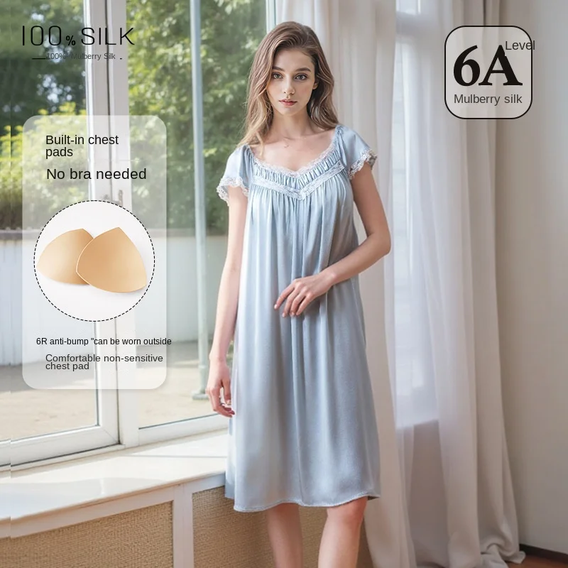 Women 19 Momme Mulberry Silk Sleep Dress Built In Bra Pad Summer Midi Lightweight Nightdress Loungewear