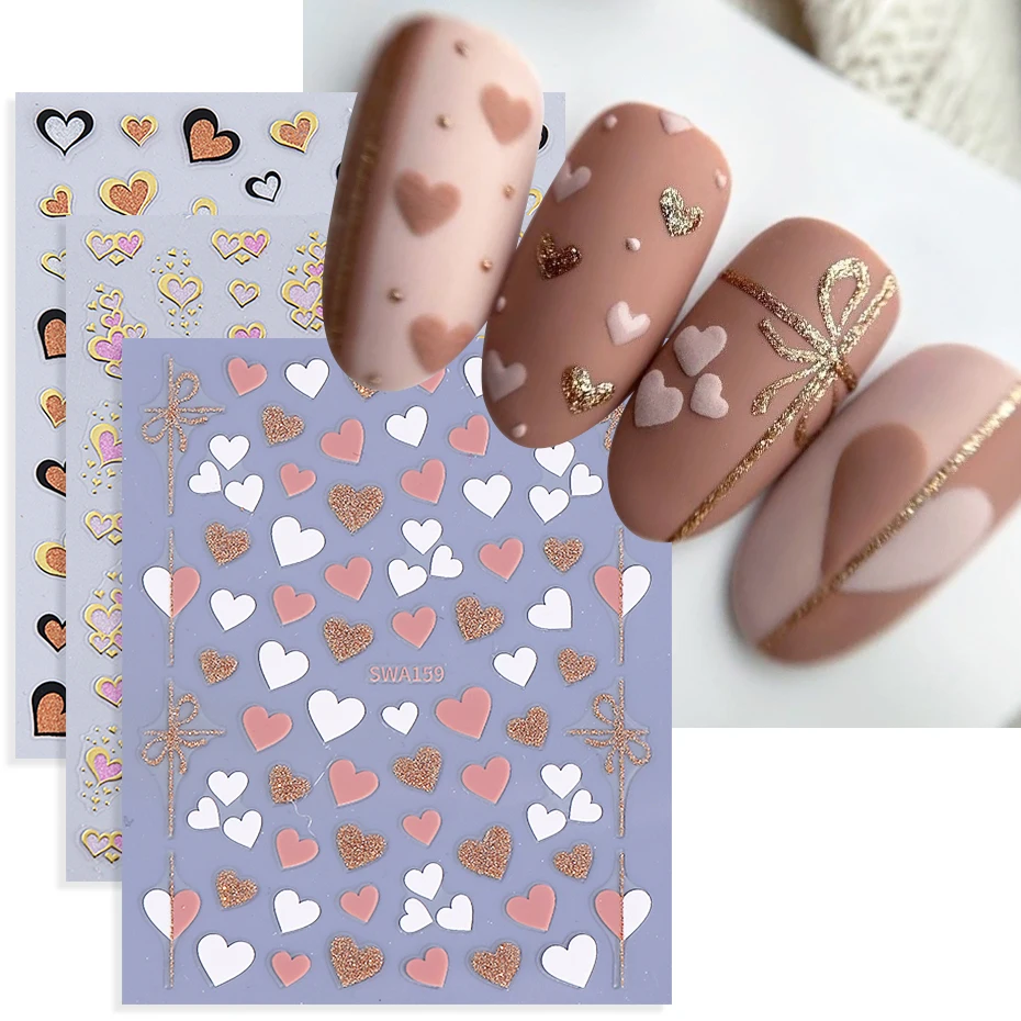 2/3 stücke Glitter Liebe Herz Nagel Aufkleber Rosa Weiß Herz-förmigen Bogen Selbstklebende Nagel Aufkleber DIY Valentinstag maniküre Dekoration