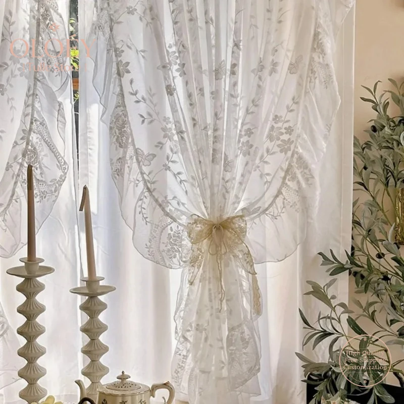 

French Romance Ruffle Lace Voile Sheer Curtains for Bedroom Living Room Kitchen White Butterfly Flowers Window Drapes Boho Decor