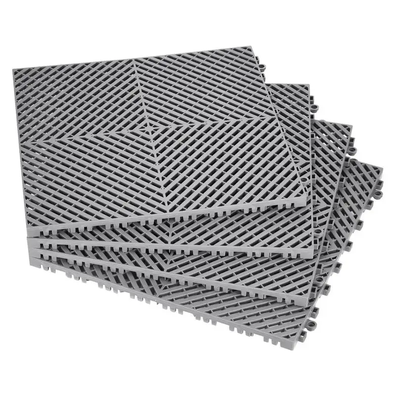 

Modular Splicing Floor Tile 15.7” x 15.7” For Workshop Patio Poolside, 24 Pieces PP Drainage Cushion Interlocking Grid Design Gray Hard Plastic Foot Pad