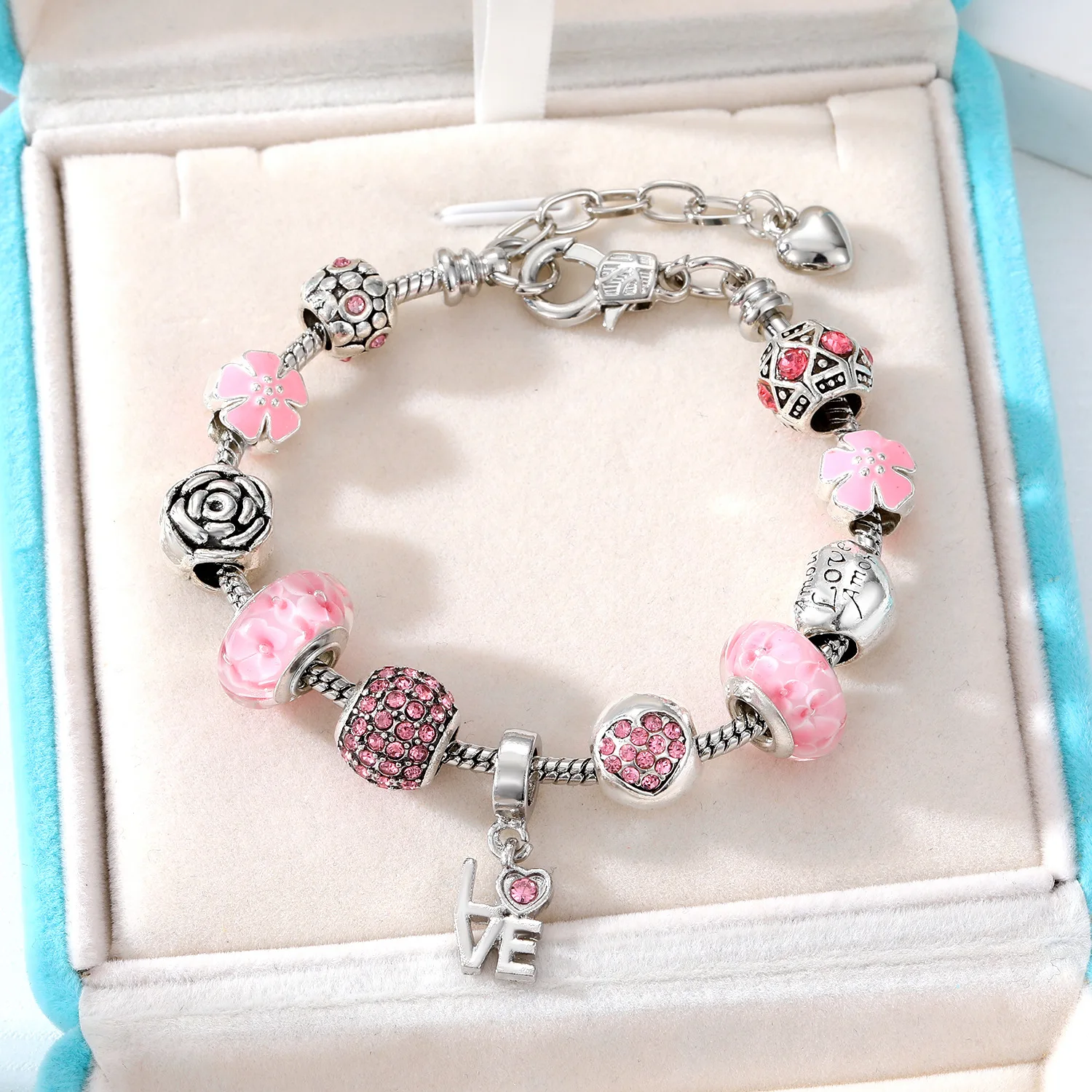 

New Original Fashion Jewelry Crystal Zircon Beads Silvery Extend Chain Love Charm Bracelet For Women RJ220