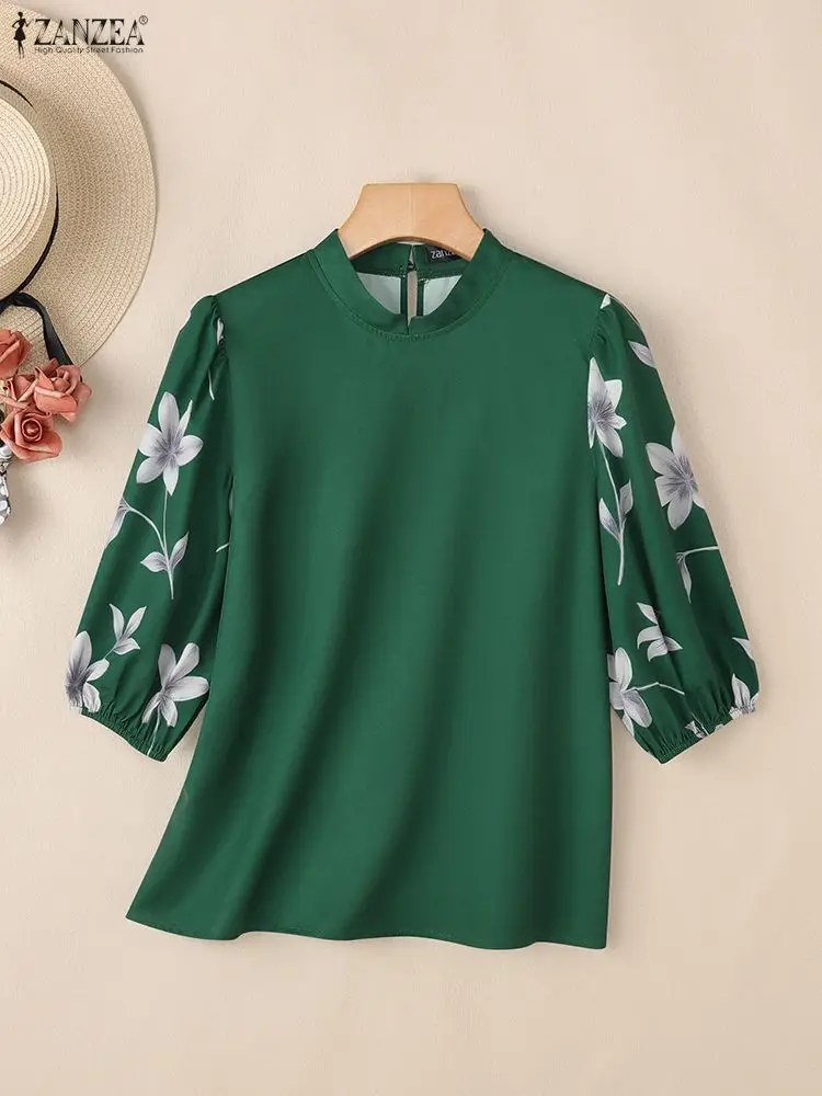ZANZEA-Blusas verdes elegantes para mujer, Tops de media manga con estampado Floral y cuello levantado a la moda, ropa para mujer S-3XL 2026