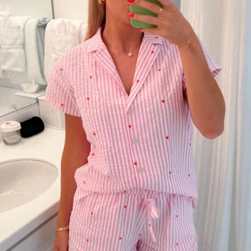 pijama-de-verao-feminino-conjunto-de-2-pecas-camisa-de-manga-curta-com-padrao-listrado-e-calcas-retas-com-gola-roupa-de-casa-roupa-para-relaxar