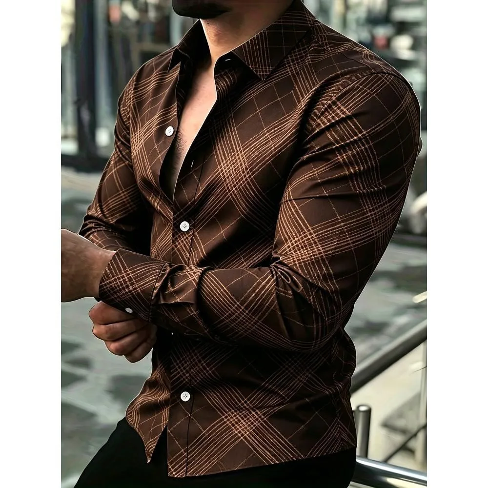 New men's geometric line printed long sleeved shirt with business casual fashion design, slim fit, no ironing, versatile plus si