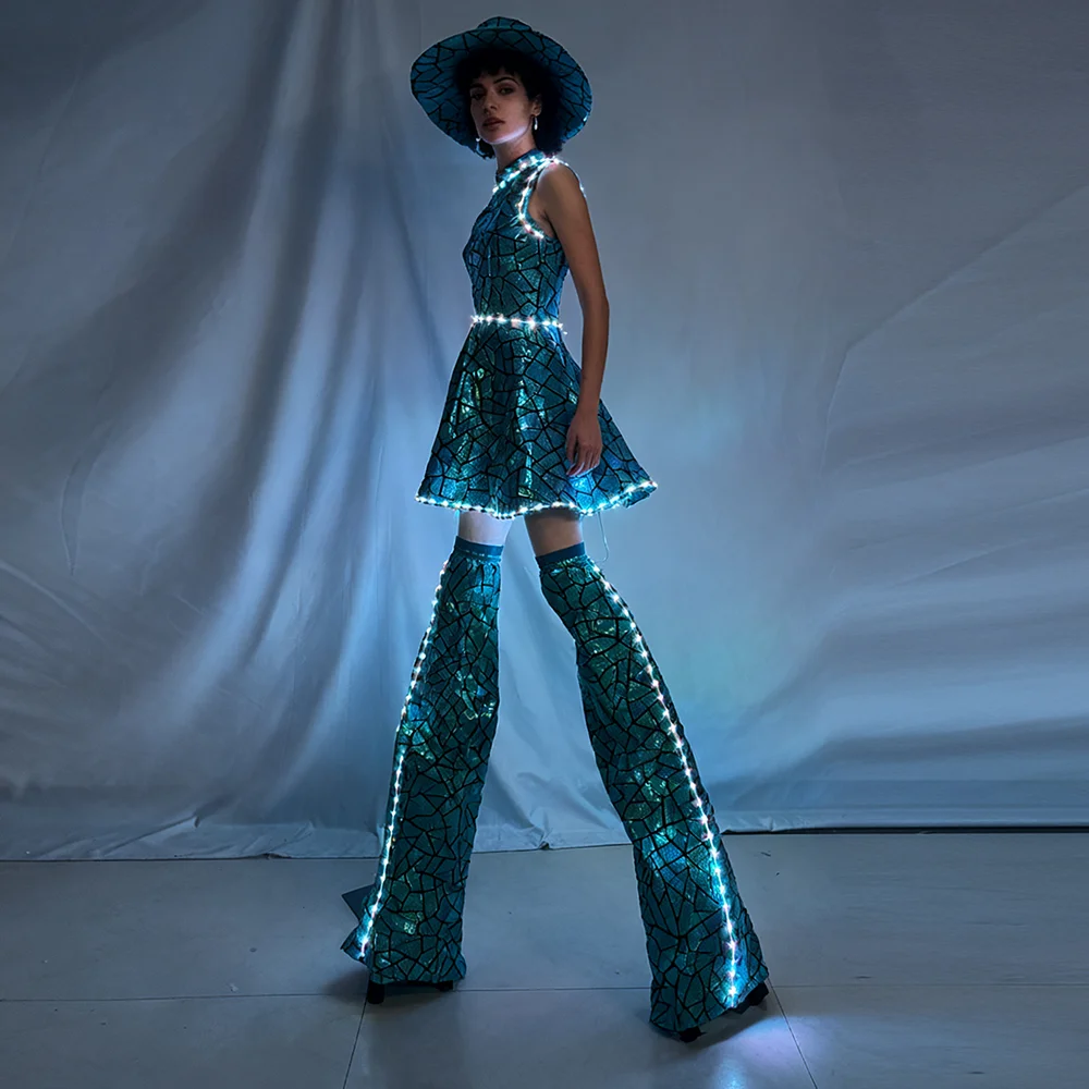 Vestido de fiesta de PU con láser brillante, traje de Club de cumpleaños para mujer, sin mangas, lentejuelas, bailarina Gogo, disfraz de DJ, zancos, actuación de andador