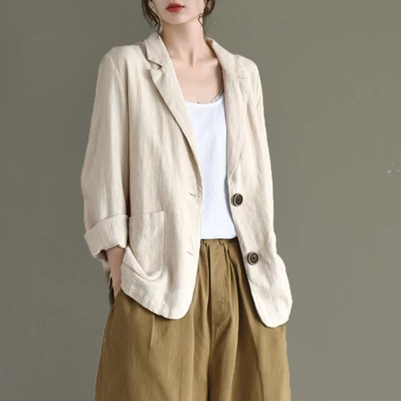 

Casual Cotton Linen Long Sleeve Slim Fit Women's Jacket Thin Autumn Outerwear Button up Pure Color Commute Style