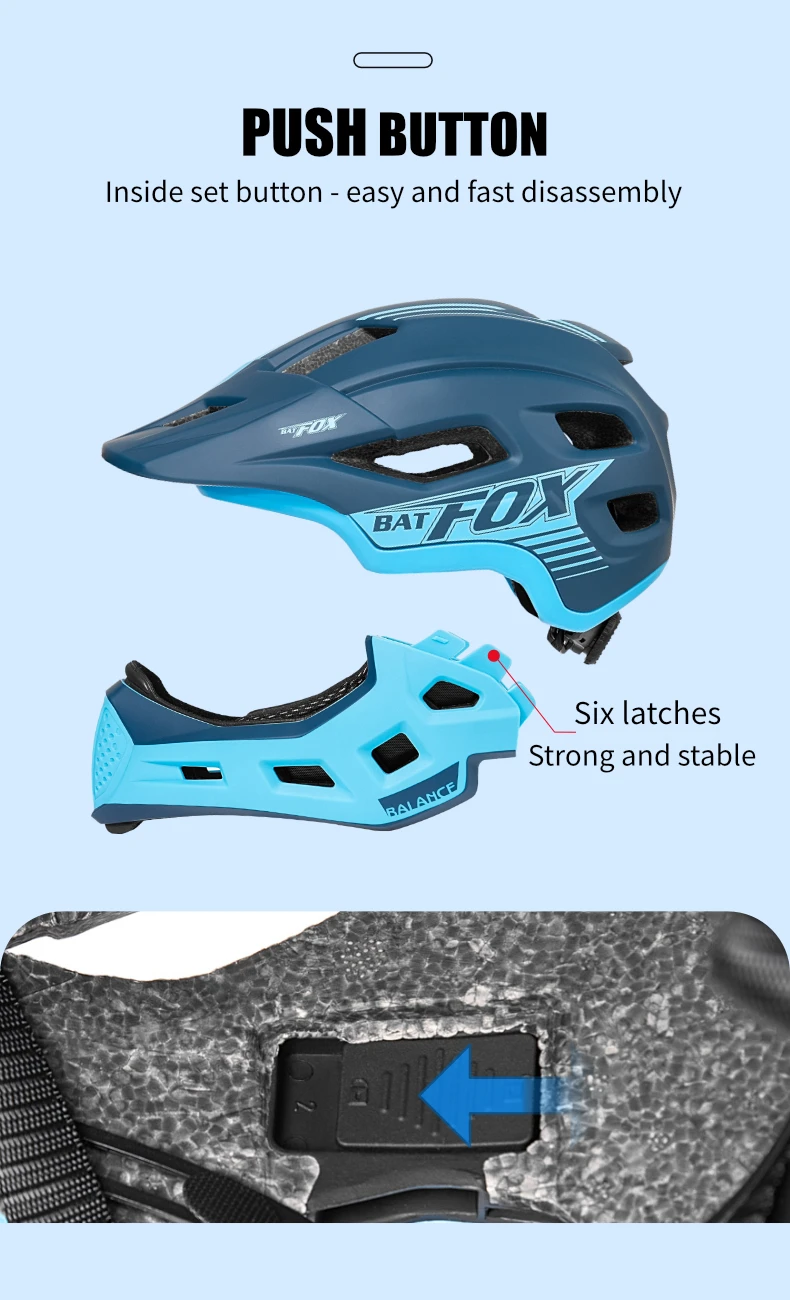 BATFOX Kinder Vollgesichts-Fahrradhelm Abnehmbarer Kinnriemen Stoßabsorbierende Schale Sicherheitszertifizierter Rad- und Rollerhelm für Kinder – Detail 5