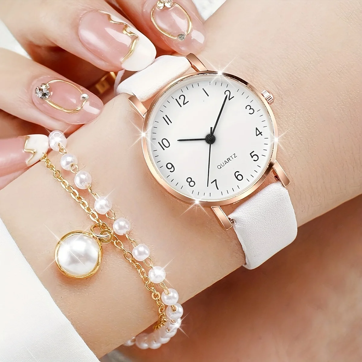 5 unids/set reloj de mujer reloj de cuarzo de moda informal reloj de pulsera analógico de cuero PU y conjunto de joyería de perlas de imitación, regalo para mamá y ella