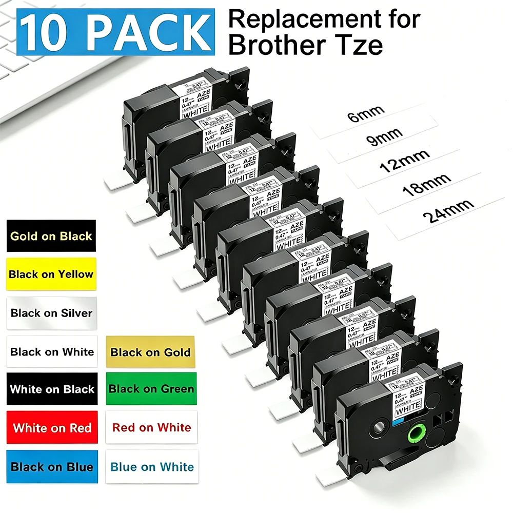 10PK Replacement Label Cassette for TZe-231 Compatible for Brother Ptouch Printer Black on white Label tape 12mm 18mm 24mm