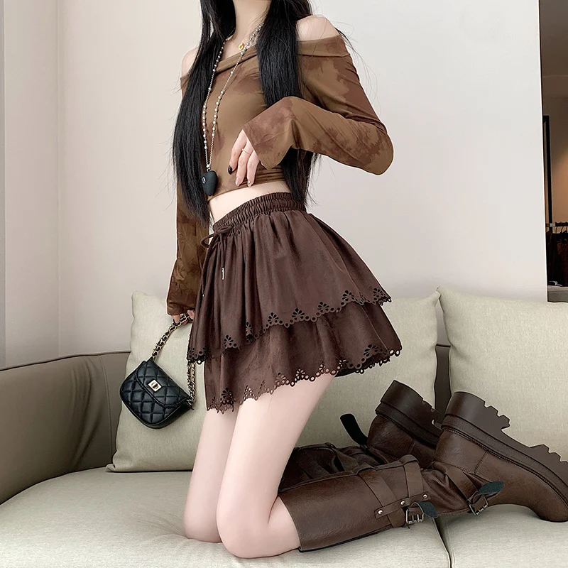 Seoulish outono inverno veludo cintura alta bolo feminino saias curtas 2025 coreano rendas oco para fora a linha skater mini saias femininas