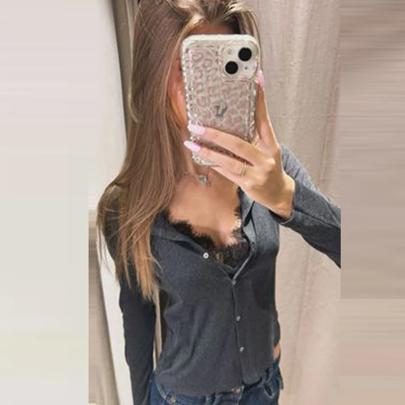 HXAO بلوزات نسائية مقصوصة من الدانتيل للخريف رمادي بيج قمصان وبلوزات جاهزة بأكمام طويلة وأزرار قمصان بلوزات على الطراز الكوري