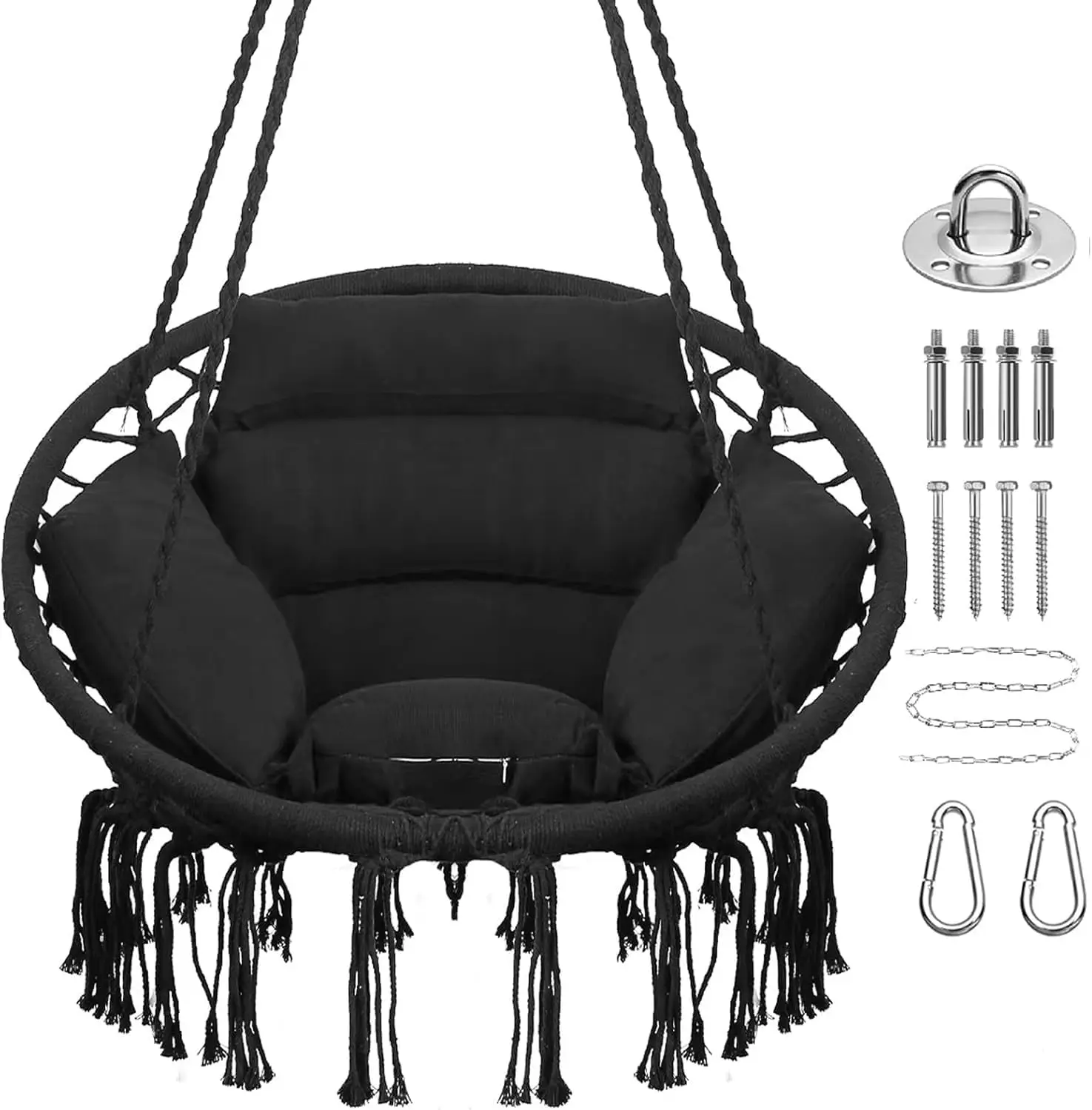 

Macrame Boho Swing Chair with Cushions, Indoor Outdoor Hanging Hammock for Patio Bedroom