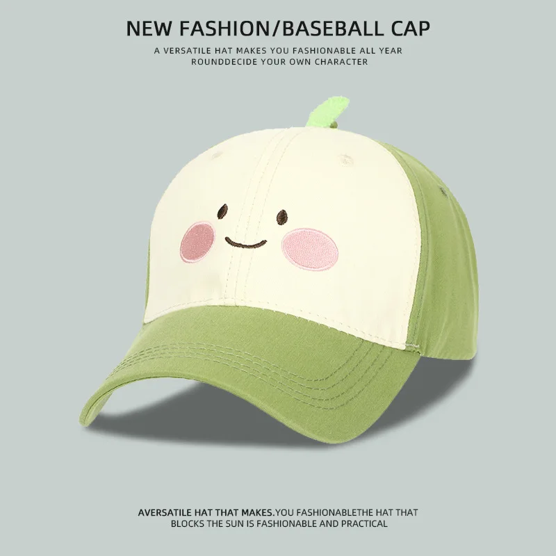 

Sweet and Cute Cartoon Embroidered Dopamine Baseball Hat for Women, Wide Eaves, Deep Top, Big Head Circumference, Sunshade and S