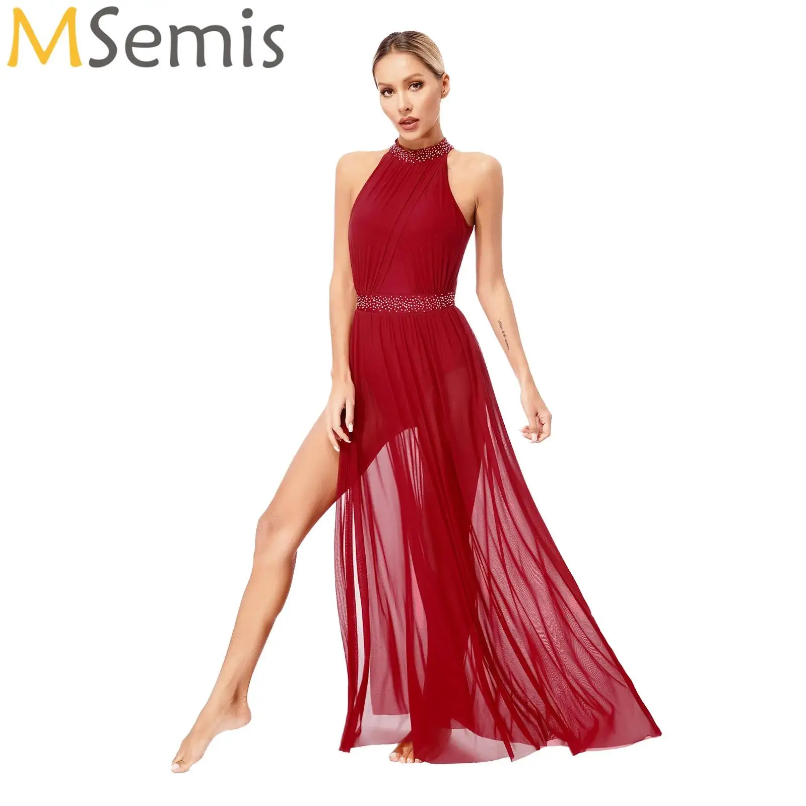 

Women Lyrical Dance Maxi Dress Sleeveless Competition Performance Costume Ballet Gymnastics Leotard Contemporary Dancewear