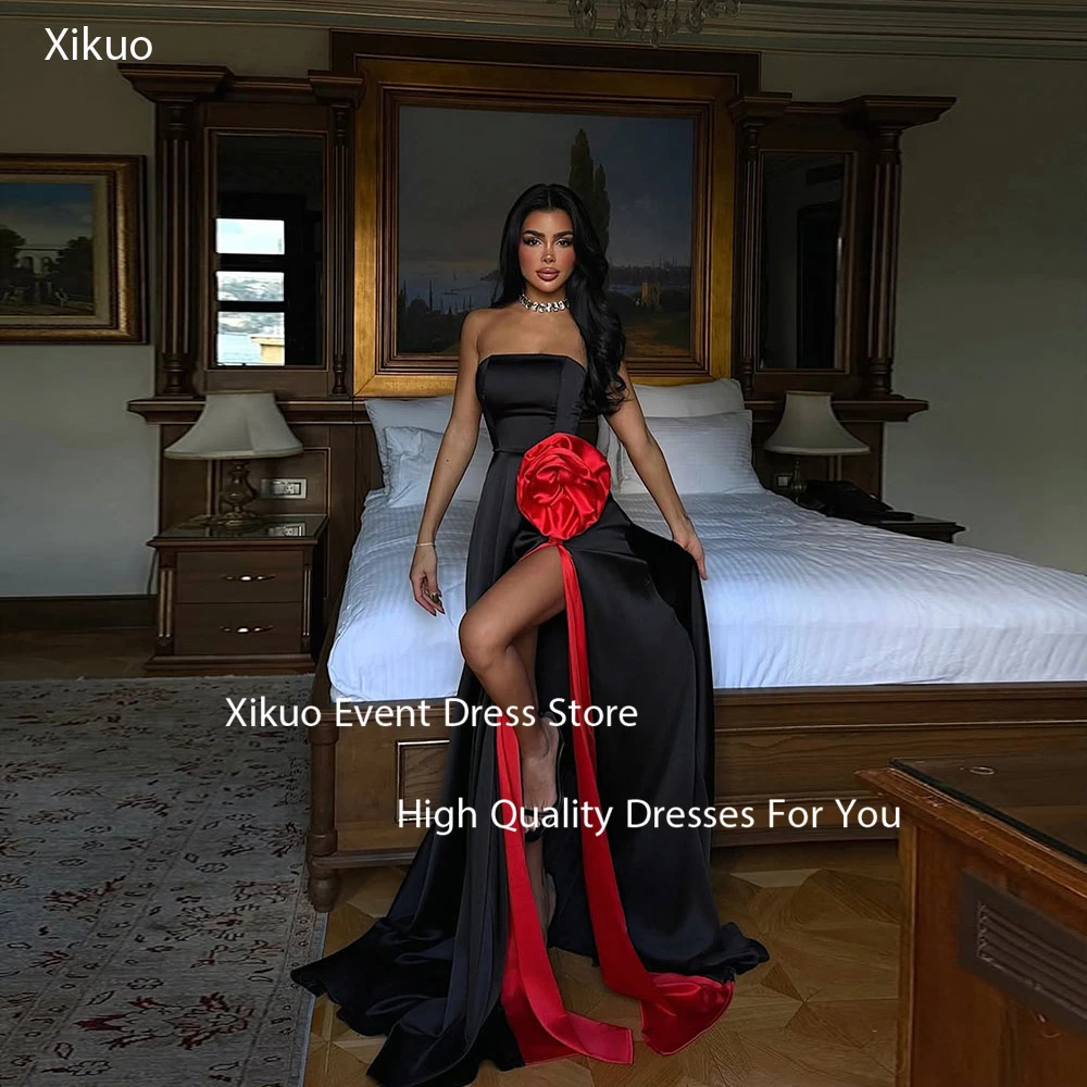 فساتين سهرة Xikuo براقة على شكل حرف A بطول الأرض فساتين حفلات كوكتيل من الساتان بفتحة عالية رداء De Soirée مخصص #1