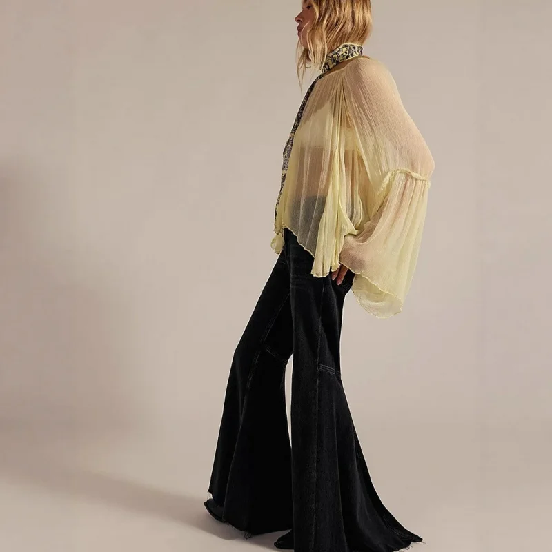 플레어 팬츠 여성용 바닥 길이 바지 유럽 및 미국 스타일 패치워크 청바지 하이웨이스트 패션 롱 팬츠