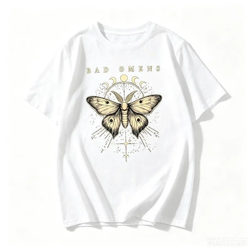 Vintage Moth Moon Graphic T-Shirt for Men Streetwear Skateboarding Paddle Board Black White Top