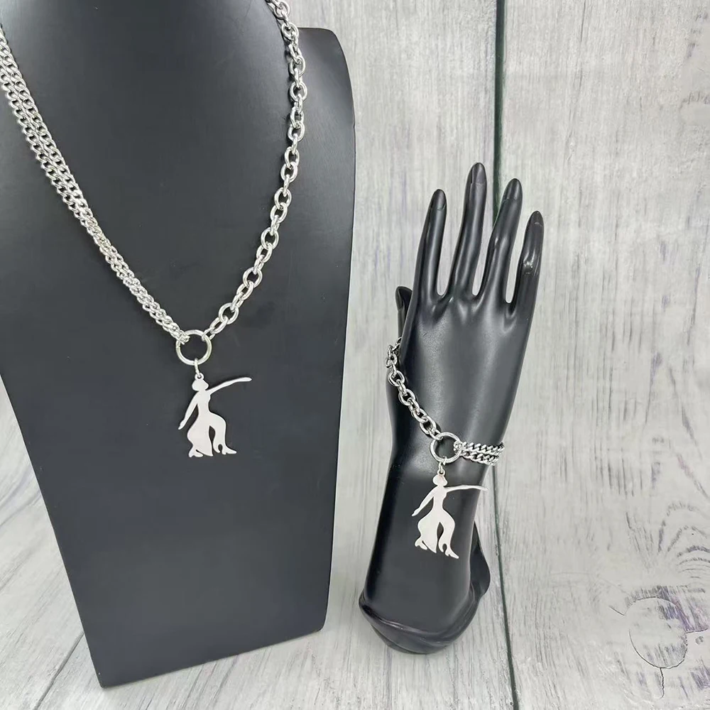 Delta Girl Pendant Stainless Steel Bracelet Necklace Set