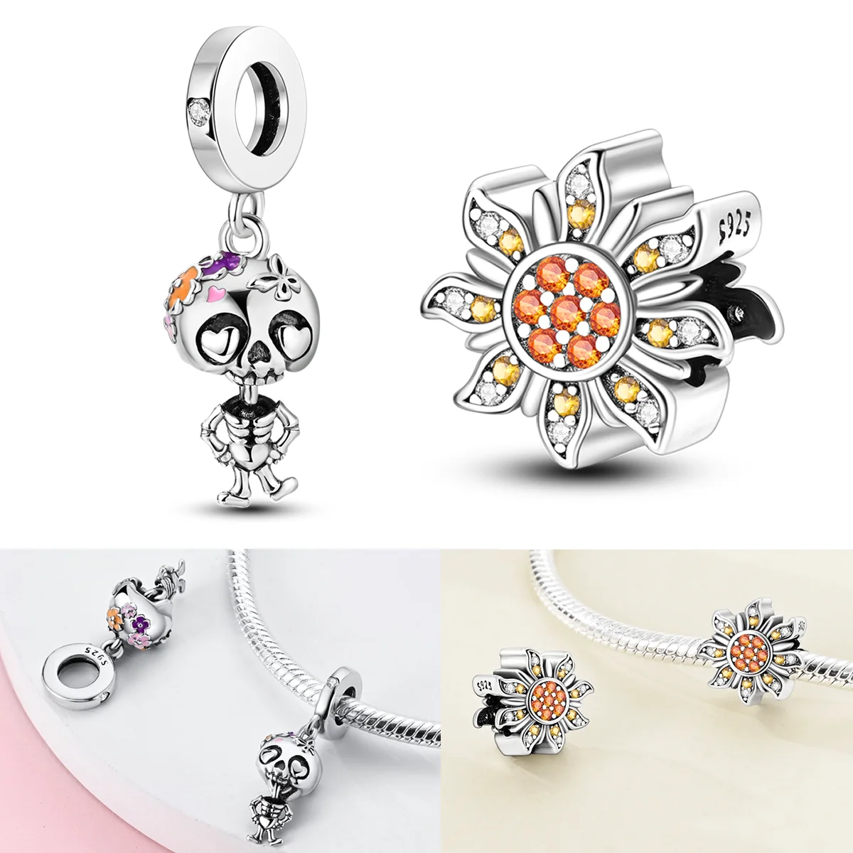 

925 Sterling Silver Cute Dance Skeleton Charms Bead CZ Zircon Shining Sun Dangle Fit Original Bracelet DIY Women Jewelry