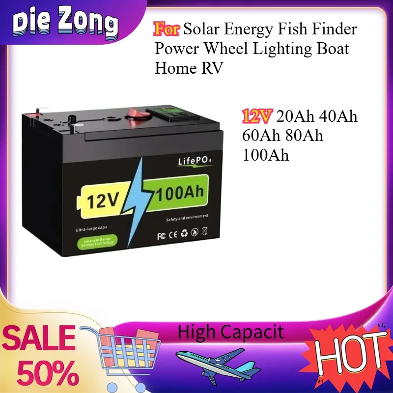 New 12V 20Ah 40Ah 60Ah 80Ah 100Ah LiFePO4 Lithium Battery for Solar Energy Fish Finder Power Wheel Lighting Boat Home RV Battery