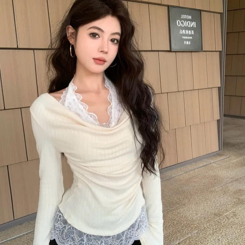 レトロなレーススプライシングニットフェイクツーピースTシャツ女性の秋冬インナーウェア多用途な着用方法ベースシャツ