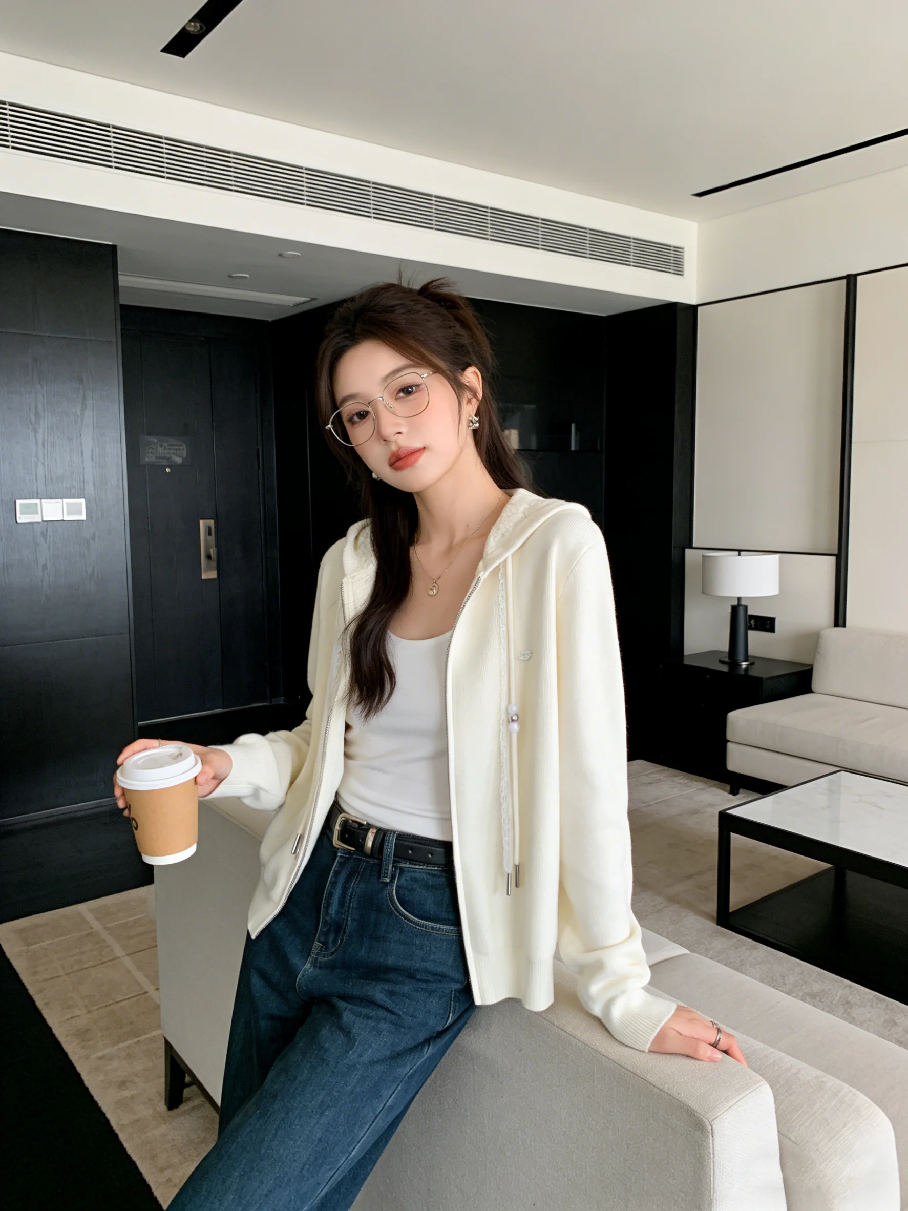 

Корейский мягкий вязаный кардиган свободного кроя с капюшоном, кружевной отделкой и двойной молнией, универсальный свитер-жакет для женщин на раннюю весну