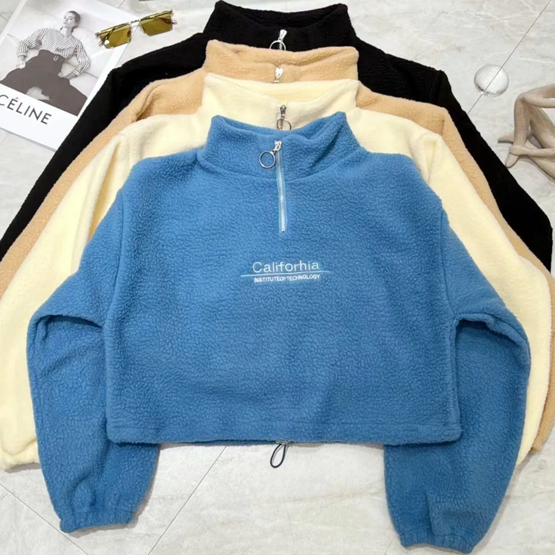 Women's loose hooded pullover half high neck zipper letter embroidered short hoodie 2024 autumn/winter new Fashion versatile top