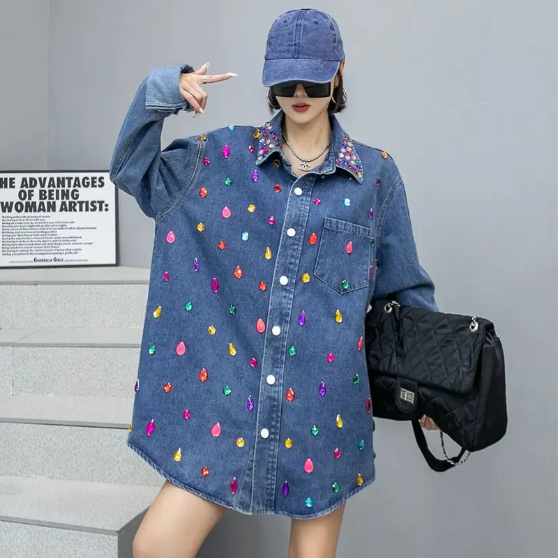 

Luxury Female Rainbow Diamonds Denim Jacket Woman Loose Crystal Blouses Rhinestone Cardigan Single Breasted Streetwear Crop Tops