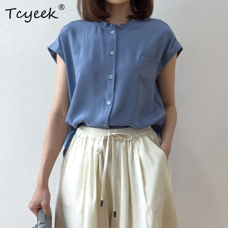 

Tcyeek 100% Real Silk Blouses for Women 2026 Spring Summer Skin-friendly Sweet Ruffle Collar Top Female Clothing Рубашка Женская