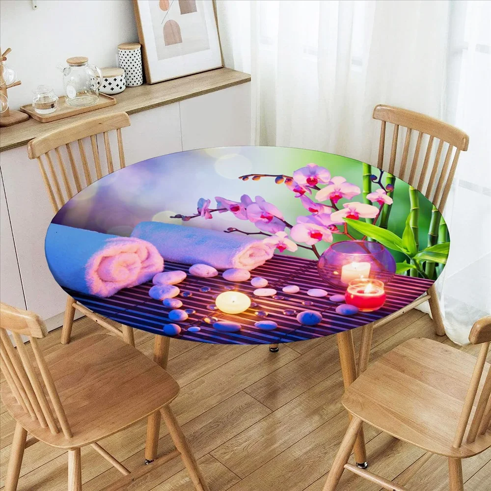 New Flower Round Tablecloth Waterproof Elastic Edged Round Fitted Table Cover for Indoor Outdoor Dinning Desk Decor