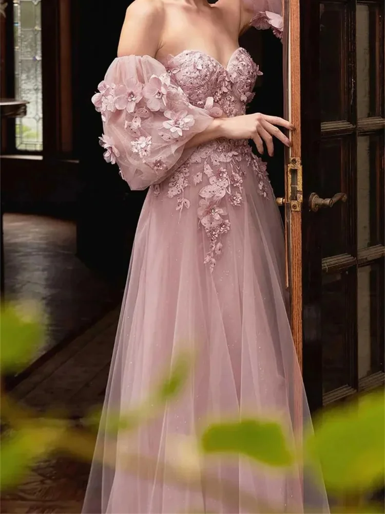 Robe formelle de boule de fleur avec des manches moelleuses, haut précieux A-ligne, princesse Rotterdam, robe de Rhen tulle rose moulant, hors de l'initiative