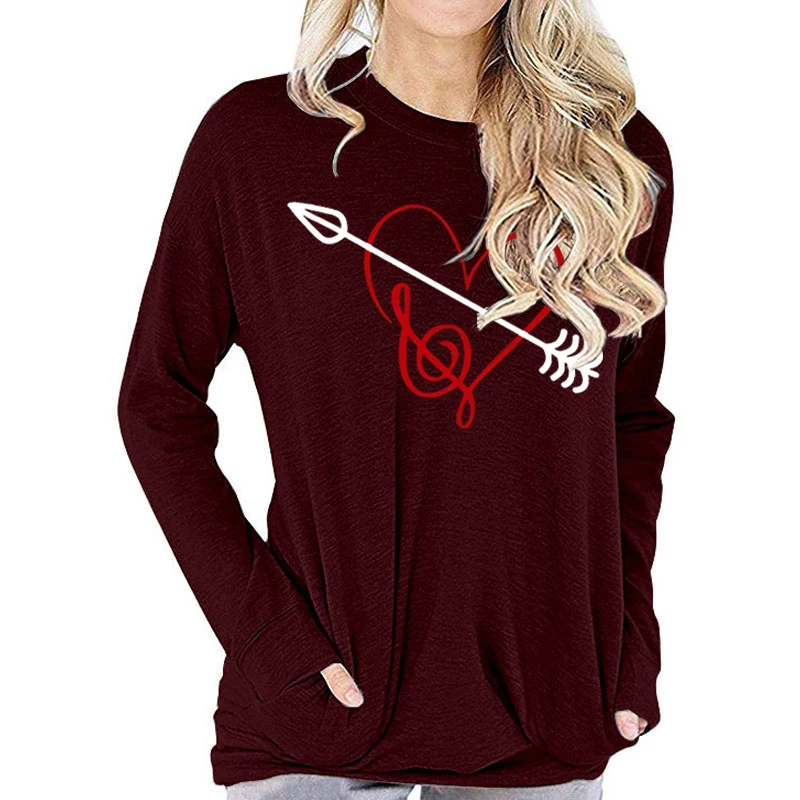 Women's Clothing Arrow Through Heart Graphic Long Sleeve T-shirt Music Note Heart Classic Tops Fashion Woman Long-sleeved Tshirt