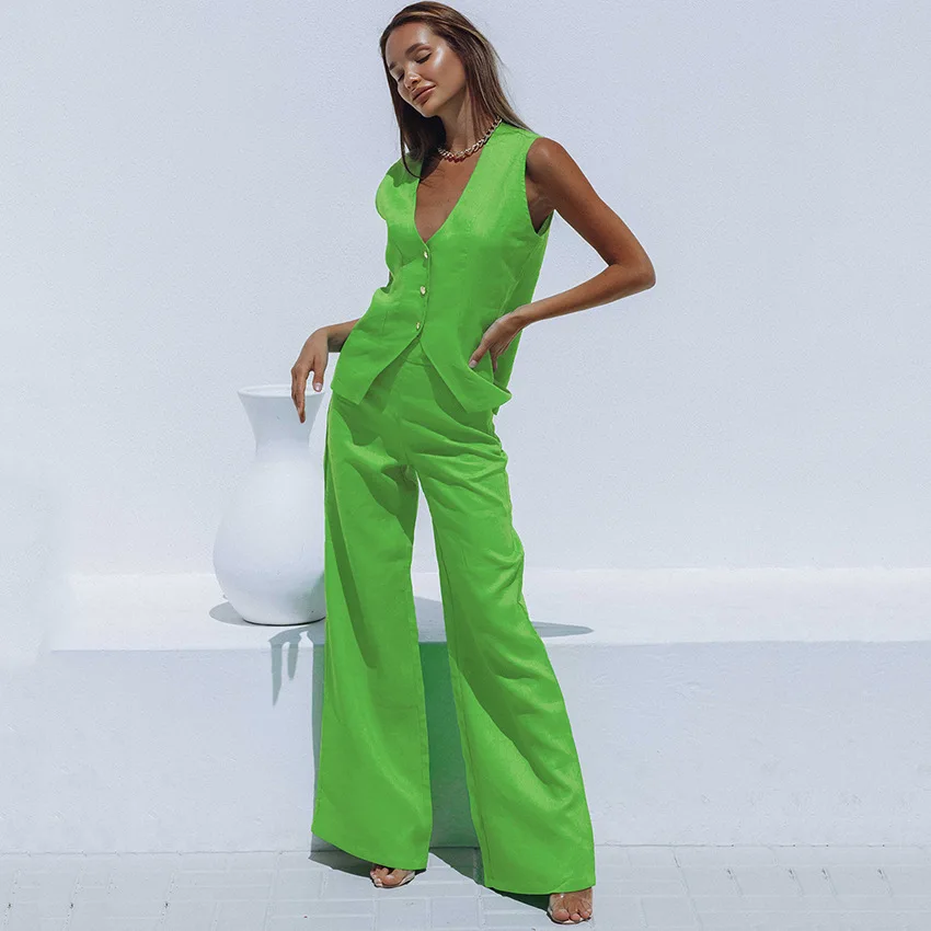 

2024 Sexy Black Wide Leg Pants Suits Elegant Linen Pants Sets 2 Piece Womens Outfits Summer Green V-Neck Sleeveless Tops