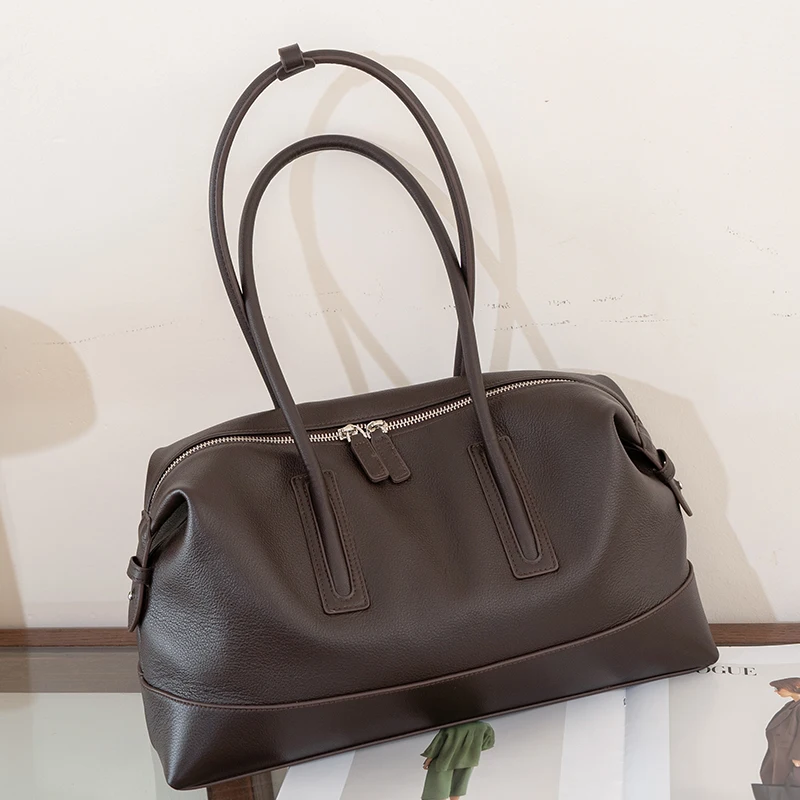 Women's Full Grain Leather Large Capacity Carry Handbag Cross Body Bag Zipper Closure Top Handle Premium Refined Texture Chic