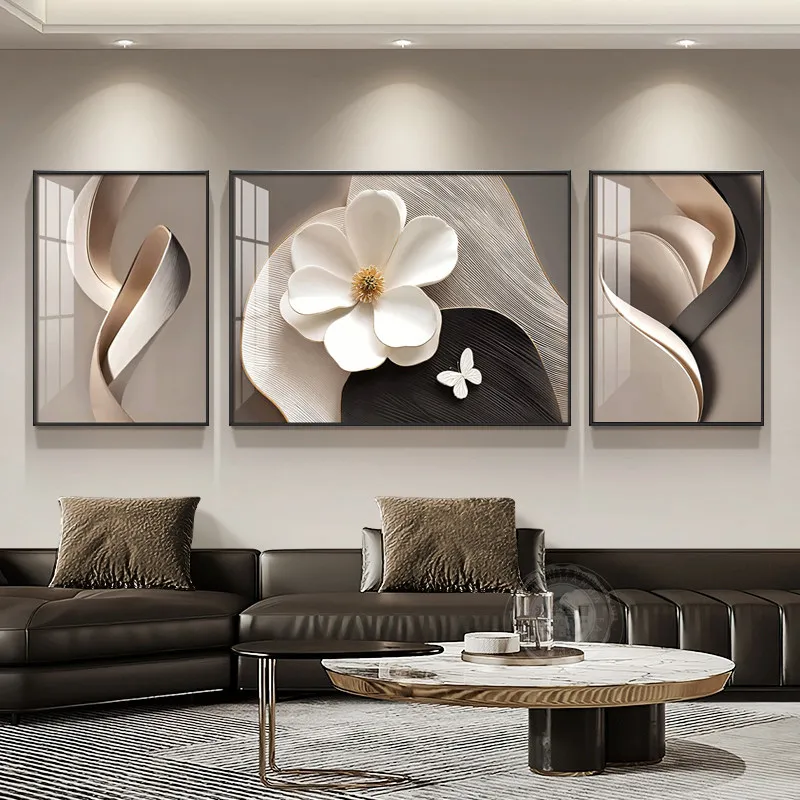Simple sofa background wall hanging painting Modern light luxury living room decorative painting High-end flower triptych mural