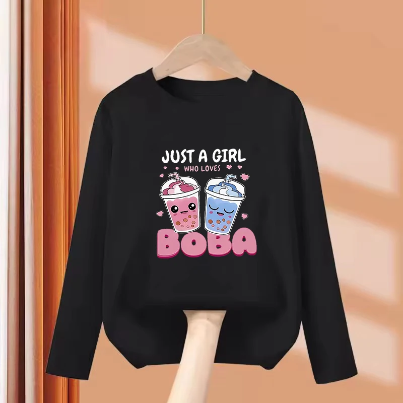 Long Sleeve Just A Girl Who Love Boba Printed Graphic Kids Tshirts Summer Tees Girls Clothes Kawaii Tops Y2K Children T-shirt