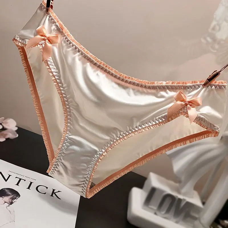 Japanese Women Panties Ice Silk Sexy Underwear Low Waist Triangle Panties Lace Bow Tie Design Luxury High-end Ruffles Lingerie