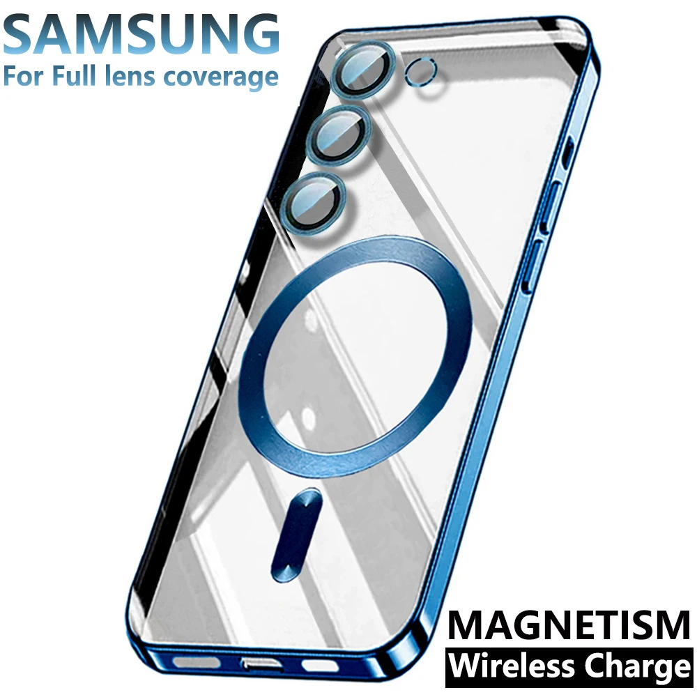 Original Plating Silicone For Magsafe Case Samsung Galaxy S21 S22 S23 FE S24 Ultra Plus Luxury Clear Cover Glas Lens Protection