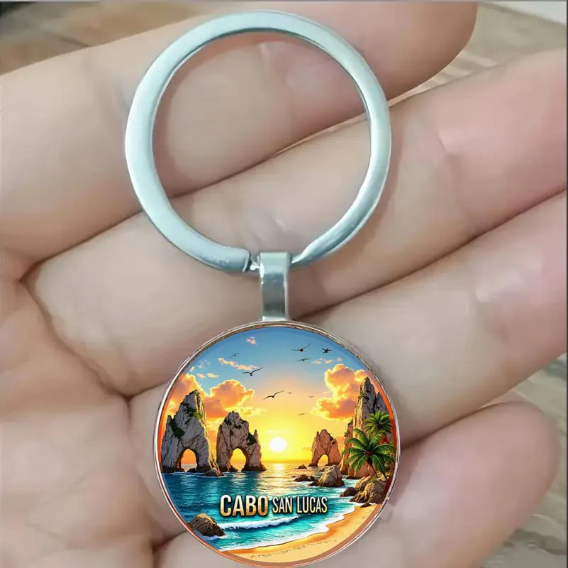 Llavero redondo con temática del atardecer en Cabo San Lucas, México, ideal para llaveros de coche, amuletos para mochilas, Navidad/graduación