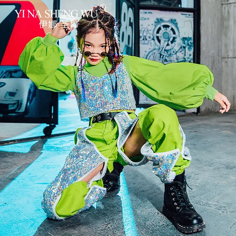 Mode K-pop Bühne Outfits Mädchen Grün Silber Pailletten Kostüm Jazz Dance Hip-hop Street Dance Kleidung Laufsteg Leistung tragen