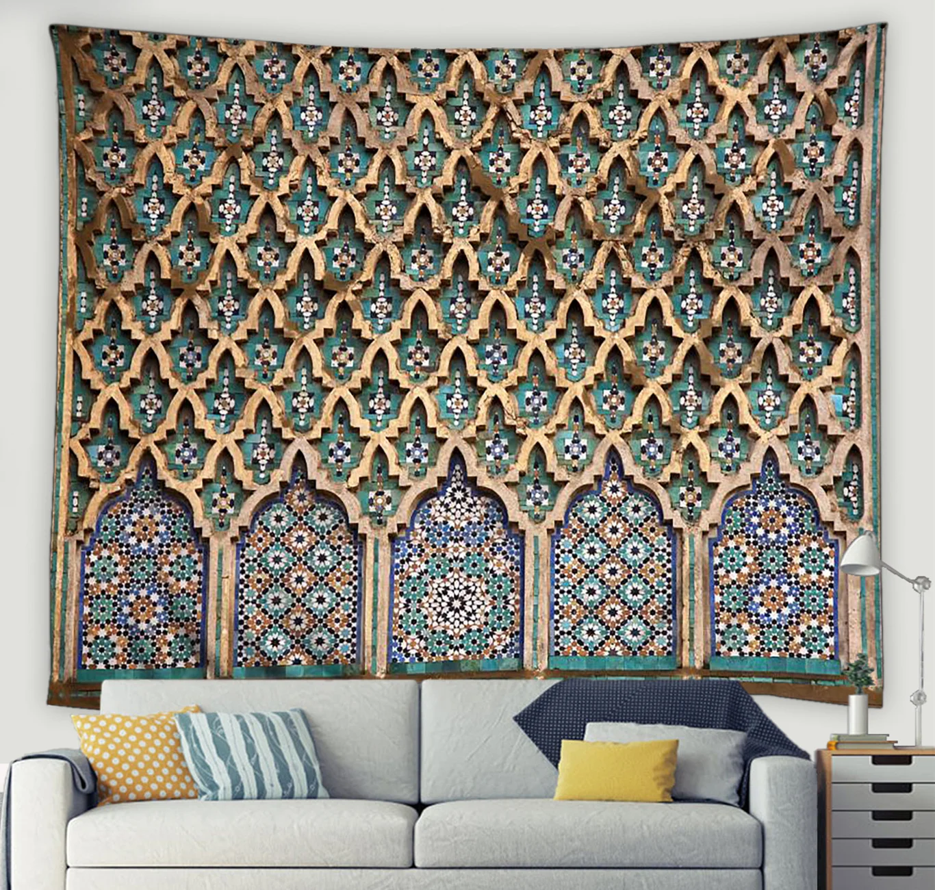 3D Moroccan Art Architectural Tapestry Islamic Retro Geometric Pattern Wall Hanging Living Room Bedroom Home Wall Decor Blanket