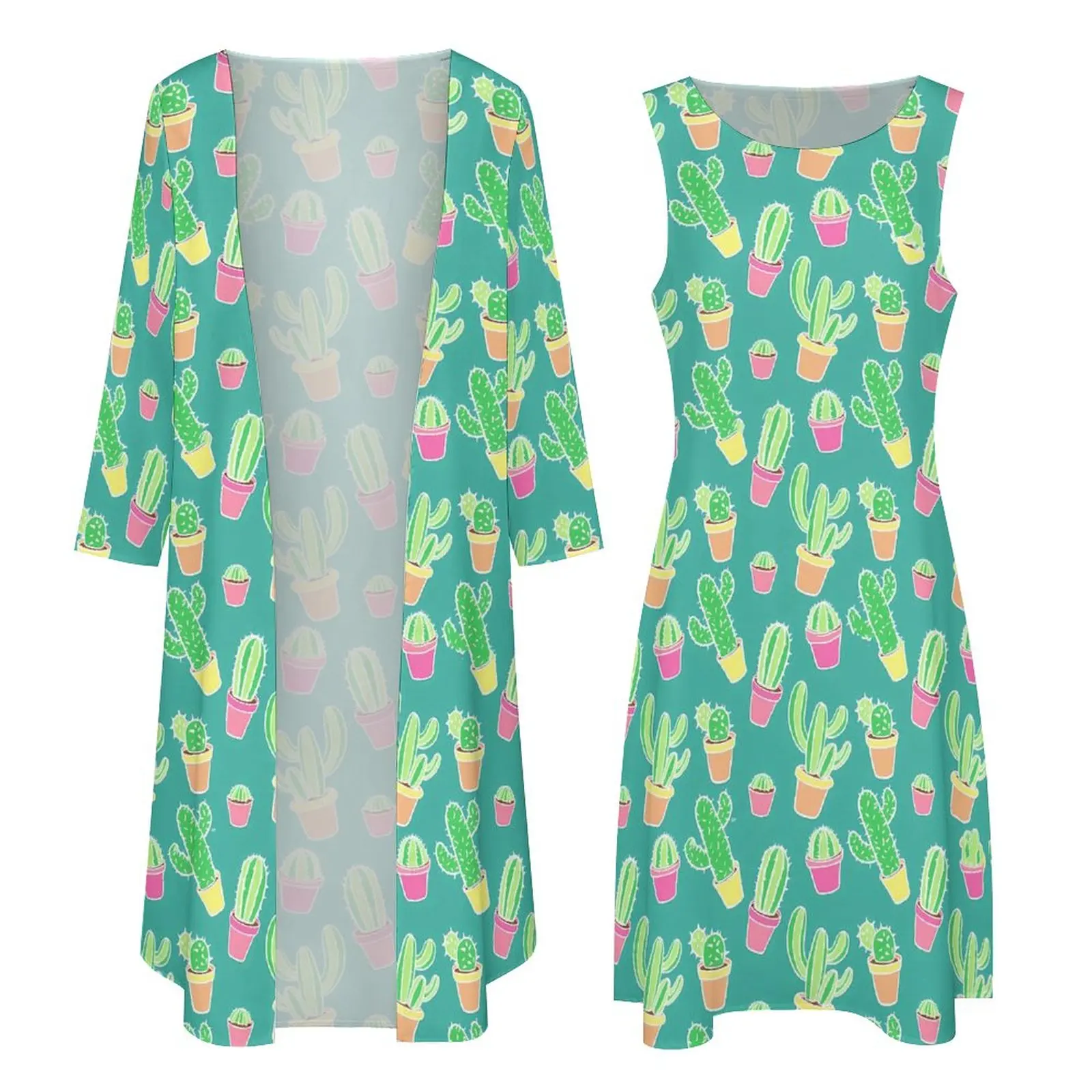 Neon Cactus Dress Spring Cute Plants Print Street Style Boho Beach Long Dresses Female Graphic Beach Maxi Dress Big Size 5XL